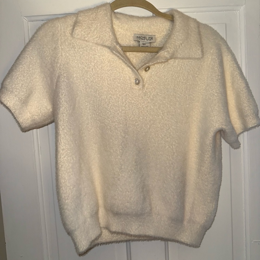 Rachel Zoe Cream Crew Neck Polo Fuzzy Sweater